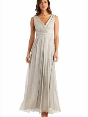 R & M Richards Crinkle Pleated Gown Champagne Metallic Size 14